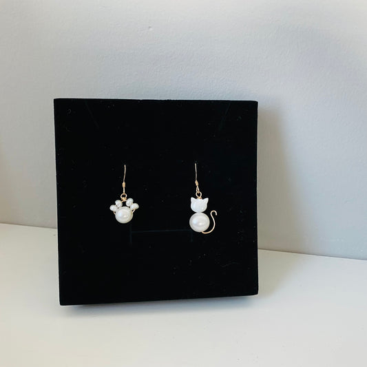 Happy White Cat & Pawl Hook Earrings